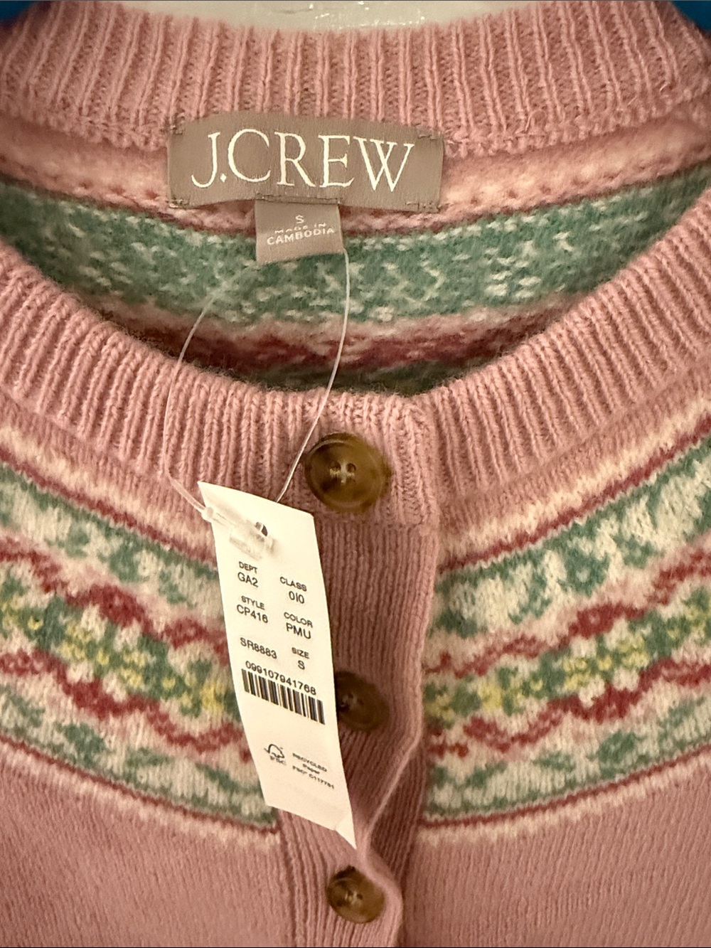 J. Crew Pink Fair Isle Yoke Button-Front Cardigan - Picture 2 of 5